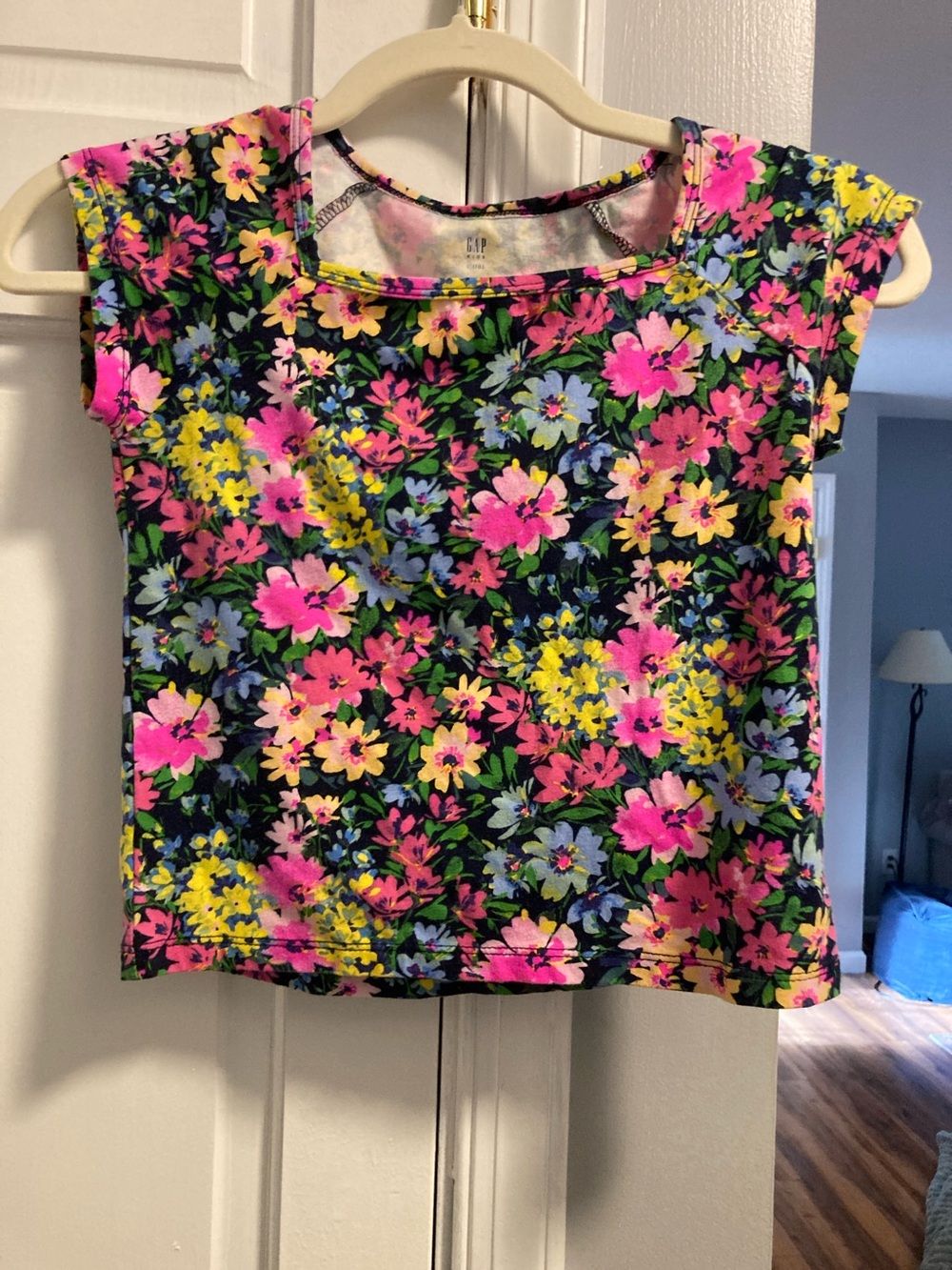GAP Black Floral Short Sleeve Tee with Pink, Yellow and Blue Blooms